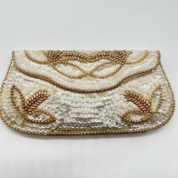 VTG Miranda Handmade Satin Beaded Cream Clutch/Purse w/Iridescent Sequin Design - Picture 2 of 8